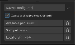 Okno podręczne „Szybkie ustawienia” otwarte ze smartbara, z trzema zapisanymi konfiguracjami i ich znacznikami pochodzenia — trzema „projekt”