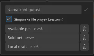 Popover “Pengaturan cepat” yang dibuka dari smartbar, dengan tiga konfigurasi tersimpan beserta lencana asalnya — tiga “proyek”
