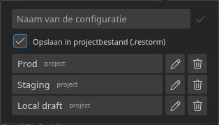 De popover “Snelle instellingen”, geopend vanuit de smartbar, met drie opgeslagen configuraties en hun herkomstbadges — drie “project”