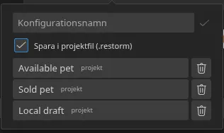 Popover-fönstret ”Snabbinställningar” öppnat från smartbaren, med tre sparade konfigurationer och deras brickor för ursprung — tre ”projekt”