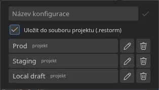 Vyskakovací panel „Rychlá nastavení“ otevřený ze smartbaru, se třemi uloženými konfiguracemi a jejich odznaky původu — tři „projektové“