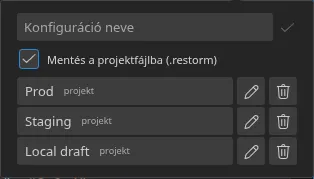 A smartbarból megnyitott „Gyorsbeállítások” felugró panel három mentett konfigurációval és azok eredetjelvényeivel — három „projekt”