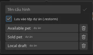 Cửa sổ bật lên “Cài đặt nhanh” mở từ smartbar, với ba cấu hình đã lưu và huy hiệu nguồn gốc của chúng — cả ba đều “dự án”