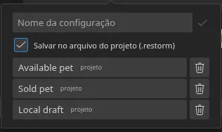 O menu emergente “Definições rápidas” aberto a partir da smartbar, com três configurações guardadas e os seus distintivos de origem — três “projeto”