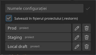Popoverul „Setări rapide” deschis din smartbar, cu trei configurații salvate și insignele lor de origine — trei „proiect”