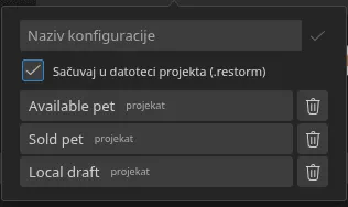 Popover „Brza podešavanja” otvoren iz smartbara, sa tri sačuvane konfiguracije i njihovim značkama porekla — tri „projekat”