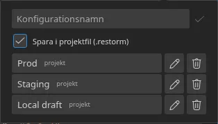 Popover-fönstret ”Snabbinställningar” öppnat från smartbaren, med tre sparade konfigurationer och deras brickor för ursprung — tre ”projekt”