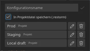 Das Popover „Schnelleinstellungen“, geöffnet von der Smartbar aus, mit drei gespeicherten Konfigurationen und ihren Herkunfts-Badges — drei „Projekt“