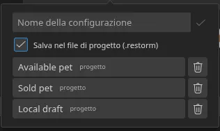 Il popover «Impostazioni rapide» aperto dalla smartbar, con tre configurazioni salvate e i loro badge di origine — tre «progetto»
