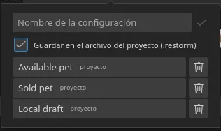 El menú emergente «Ajustes rápidos» abierto desde la smartbar, con tres configuraciones guardadas y sus distintivos de origen — tres «proyecto»