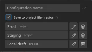 The "Quick settings" popover opened from the smartbar, with three saved configurations and their origin badges — three "project"