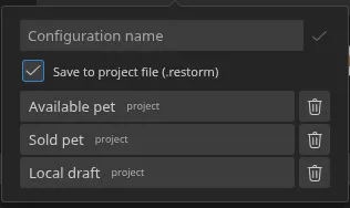 The "Quick settings" popover opened from the smartbar, with three saved configurations and their origin badges — three "project"