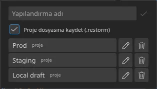 Smartbar'dan açılmış “Hızlı ayarlar” penceresi: kaydedilmiş üç yapılandırma ve kaynak işaretleri — üçü de “proje”