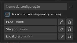 O menu emergente “Definições rápidas” aberto a partir da smartbar, com três configurações guardadas e os seus distintivos de origem — três “projeto”