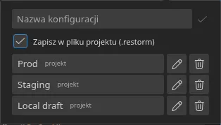 Okno podręczne „Szybkie ustawienia” otwarte ze smartbara, z trzema zapisanymi konfiguracjami i ich znacznikami pochodzenia — trzema „projekt”