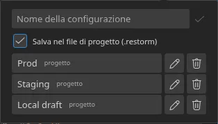 Il popover «Impostazioni rapide» aperto dalla smartbar, con tre configurazioni salvate e i loro badge di origine — tre «progetto»