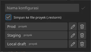 Popover “Pengaturan cepat” yang dibuka dari smartbar, dengan tiga konfigurasi tersimpan beserta lencana asalnya — tiga “proyek”
