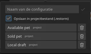 De popover “Snelle instellingen”, geopend vanuit de smartbar, met drie opgeslagen configuraties en hun herkomstbadges — drie “project”