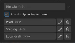 Cửa sổ bật lên “Cài đặt nhanh” mở từ smartbar, với ba cấu hình đã lưu và huy hiệu nguồn gốc của chúng — cả ba đều “dự án”