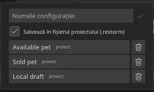 Popoverul „Setări rapide” deschis din smartbar, cu trei configurații salvate și insignele lor de origine — trei „proiect”