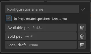 Das Popover „Schnelleinstellungen“, geöffnet von der Smartbar aus, mit drei gespeicherten Konfigurationen und ihren Herkunfts-Badges — drei „Projekt“