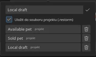 Vyskakovací panel „Rychlá nastavení“ otevřený ze smartbaru, se třemi uloženými konfiguracemi a jejich odznaky původu — tři „projektové“