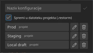 Skočni prozorčić „Brze postavke” otvoren iz smartbara, s tri spremljene konfiguracije i njihovim značkama podrijetla — tri „projekt”