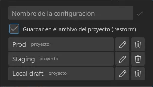 El menú emergente «Ajustes rápidos» abierto desde la smartbar, con tres configuraciones guardadas y sus distintivos de origen — tres «proyecto»