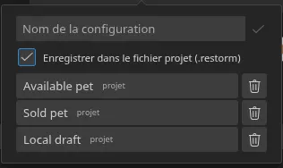 Le popover « Paramètres rapides » ouvert depuis la smartbar, avec trois configurations enregistrées et leurs badges d'origine — trois « projet »
