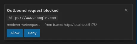 The firewall's authorisation prompt: the blocked origin, the interception layer and the calling frame, and the Allow / Deny buttons