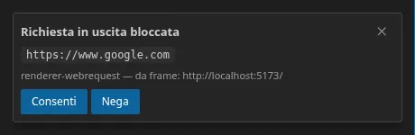 La richiesta di autorizzazione del firewall: l’origine bloccata, il livello di intercettazione e il frame chiamante, e i pulsanti Allow / Deny