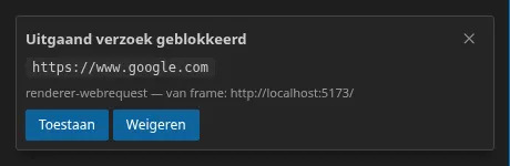 Het toestemmingsverzoek van de firewall: de geblokkeerde oorsprong, de onderscheppingslaag en het aanroepende frame, en de knoppen Allow / Deny