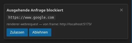 Die Freigabeanfrage der Firewall: der blockierte Ursprung, die abfangende Schicht und der aufrufende Kontext, sowie die Schaltflächen Allow / Deny
