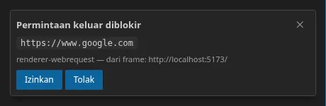 Permintaan izin dari firewall: origin yang diblokir, lapisan pencegatnya dan kerangka pemanggilnya, serta tombol Allow / Deny