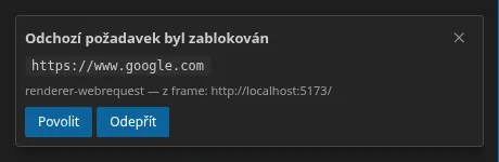 Žádost firewallu o povolení: blokovaný origin, vrstva zachycení a volající rámec, a tlačítka Allow / Deny