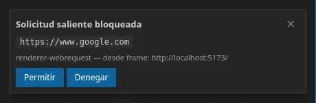 La solicitud de autorización del cortafuegos: el origen bloqueado, la capa de interceptación y el marco que hace la llamada, y los botones Allow / Deny
