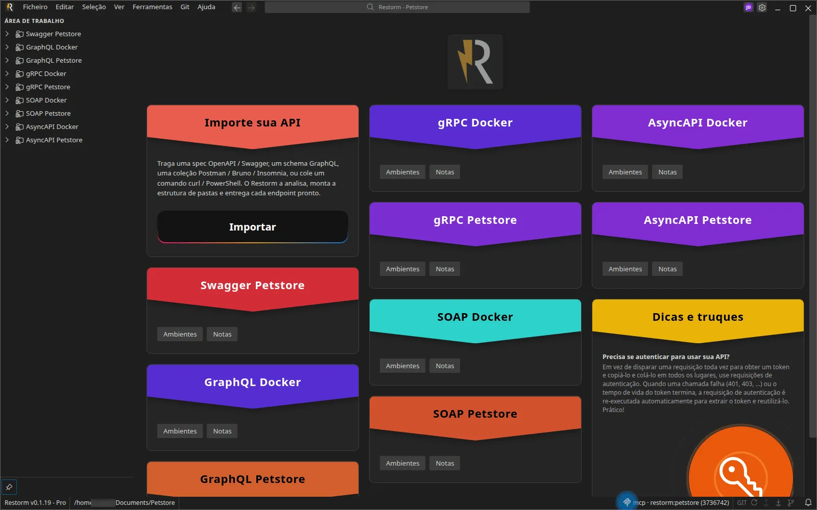 Um projeto aberto em modo pasta: a árvore à esquerda reproduz a hierarquia da pasta, e a barra de estado aponta para uma pasta — não para um ficheiro .restorm.
