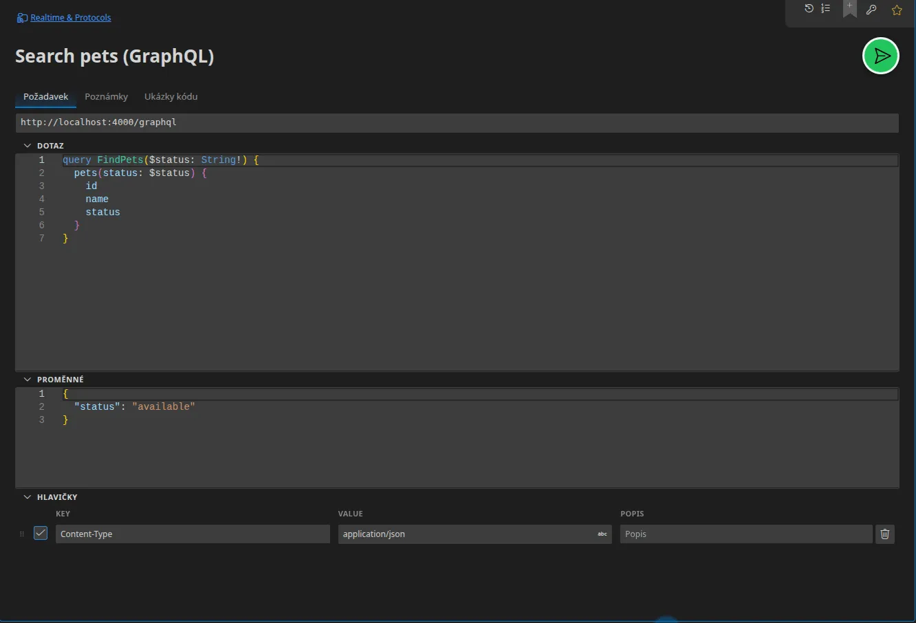 Karta GraphQL s editorem dotazu, sekcí Proměnné pod ním a hlavičkami