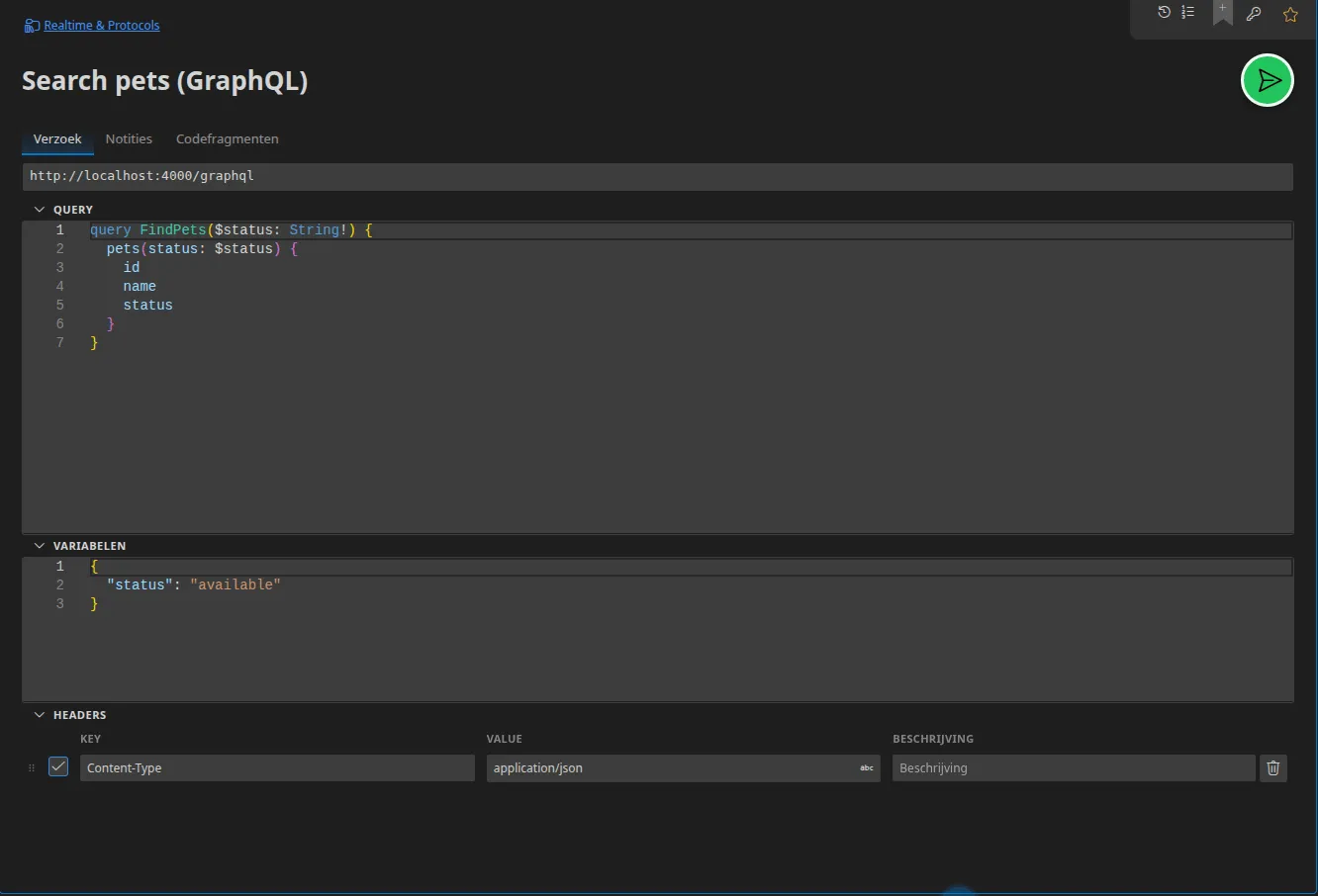 Een GraphQL-tabblad met de query-editor, daaronder de sectie Variabelen en de headers
