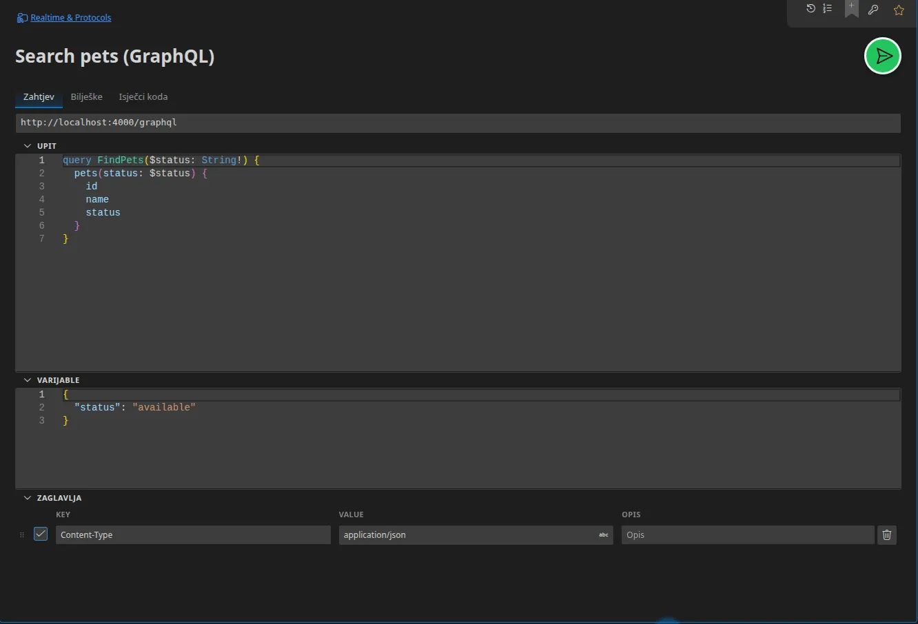 GraphQL kartica s uređivačem upita, odjeljkom Varijable ispod i zaglavljima