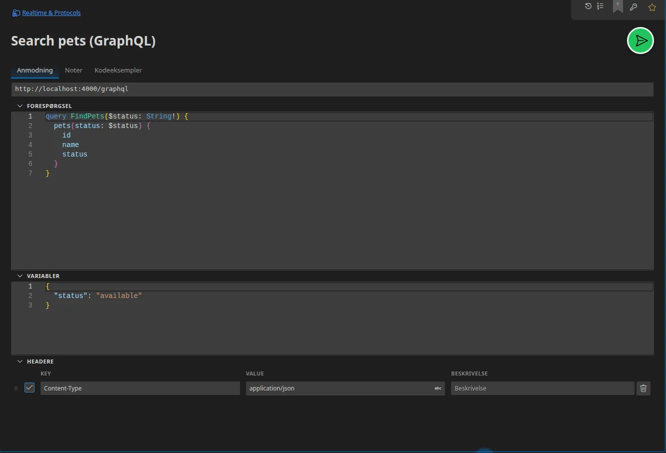 En GraphQL-fane med forespørgselseditoren, sektionen Variabler nedenunder og headerne
