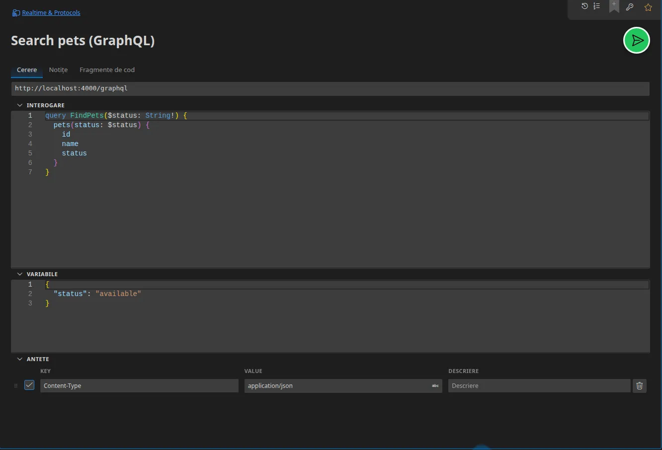O filă GraphQL cu editorul de interogare, secțiunea Variabile dedesubt și antetele