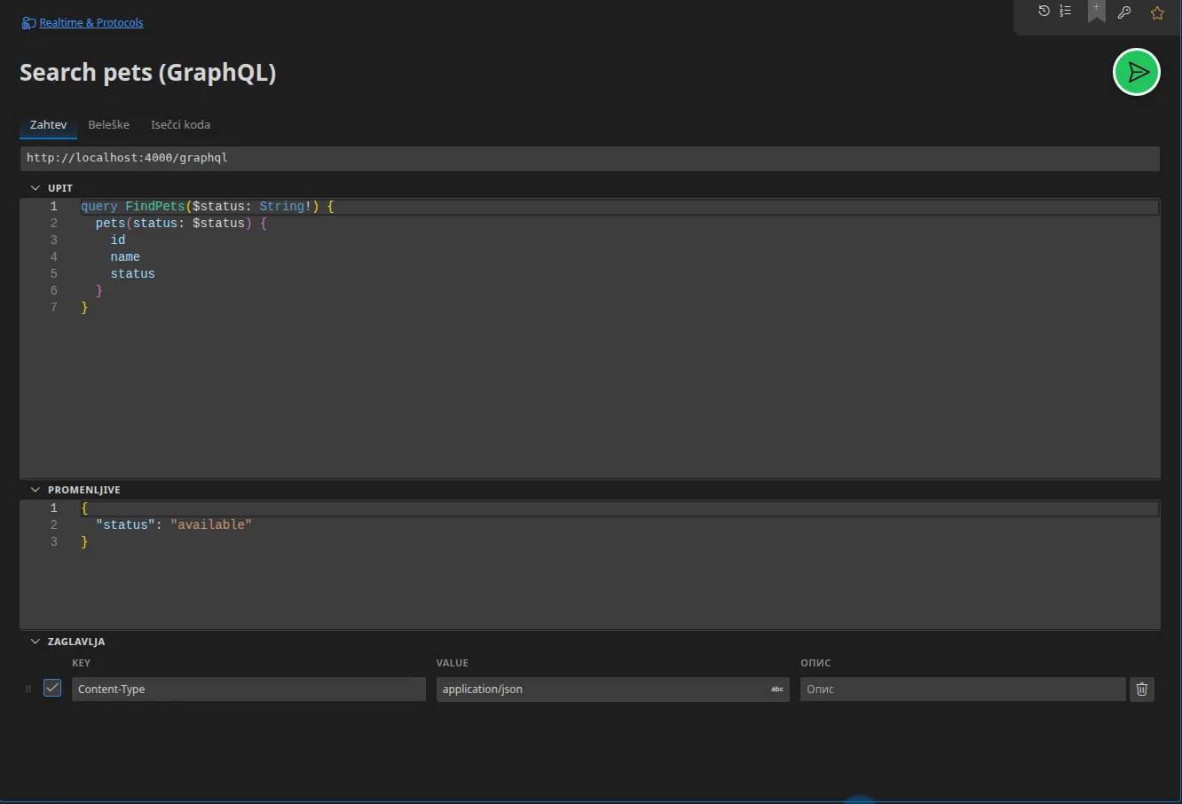 GraphQL kartica sa uređivačem upita, odeljkom Promenljive ispod i zaglavljima