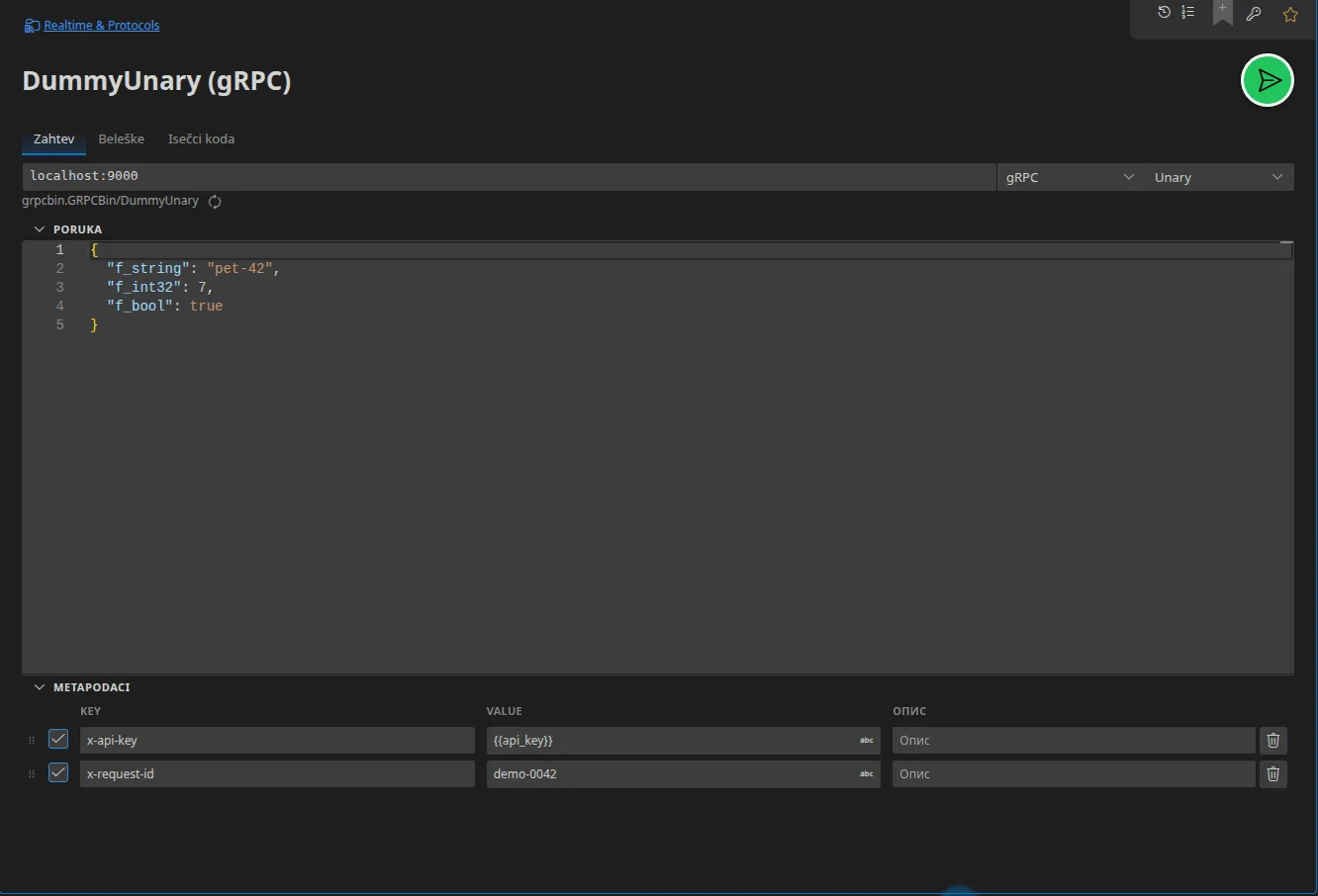 gRPC kartica: adresa servera, tip poziva „Unarni”, razrešena putanja servis/metoda, poruka zahteva u JSON-u i metapodaci