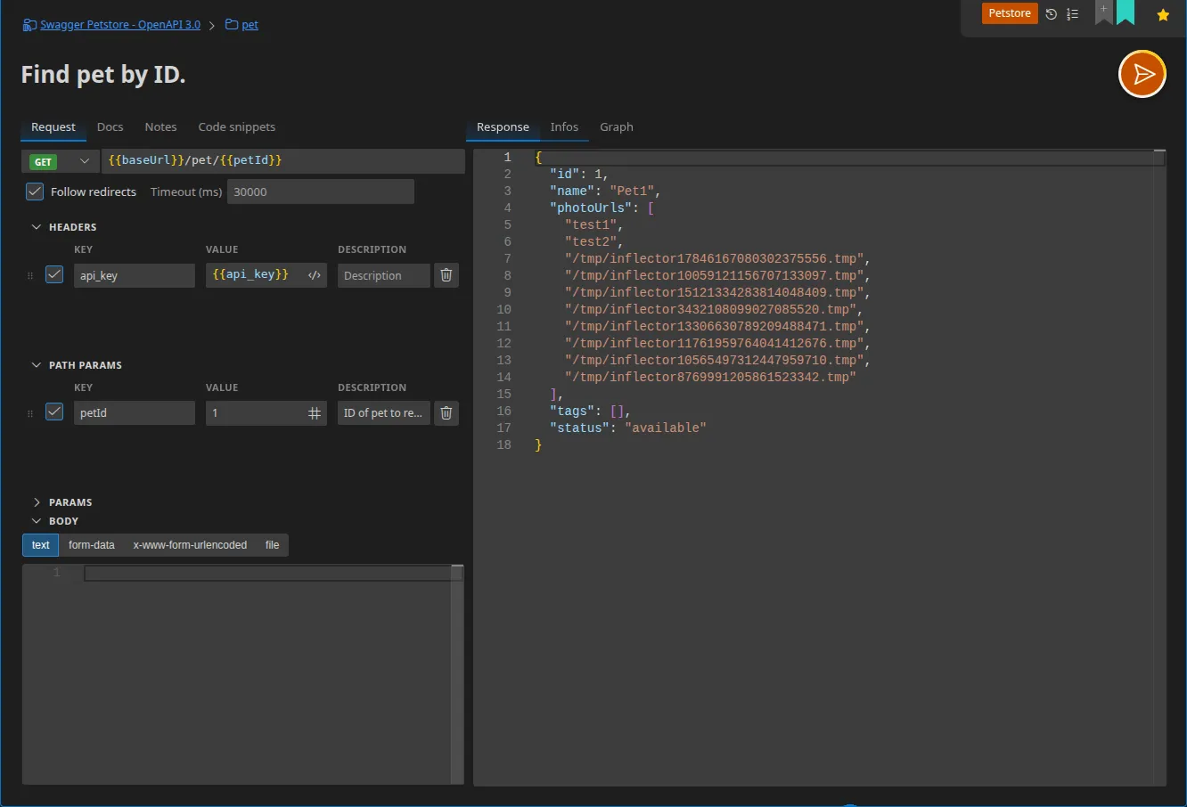 An HTTP request tab with the URL, the Headers / Path parameters / Parameters / Body sections and the response panel on the right