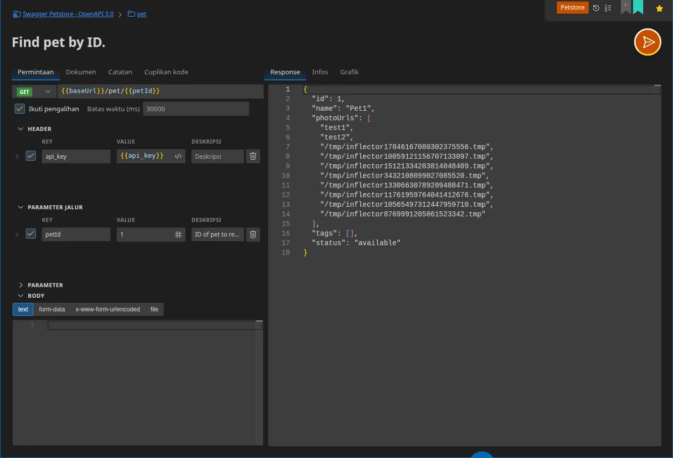 Sebuah tab permintaan HTTP dengan URL, bagian Header / Parameter jalur / Parameter / Body, dan panel respons di sebelah kanan