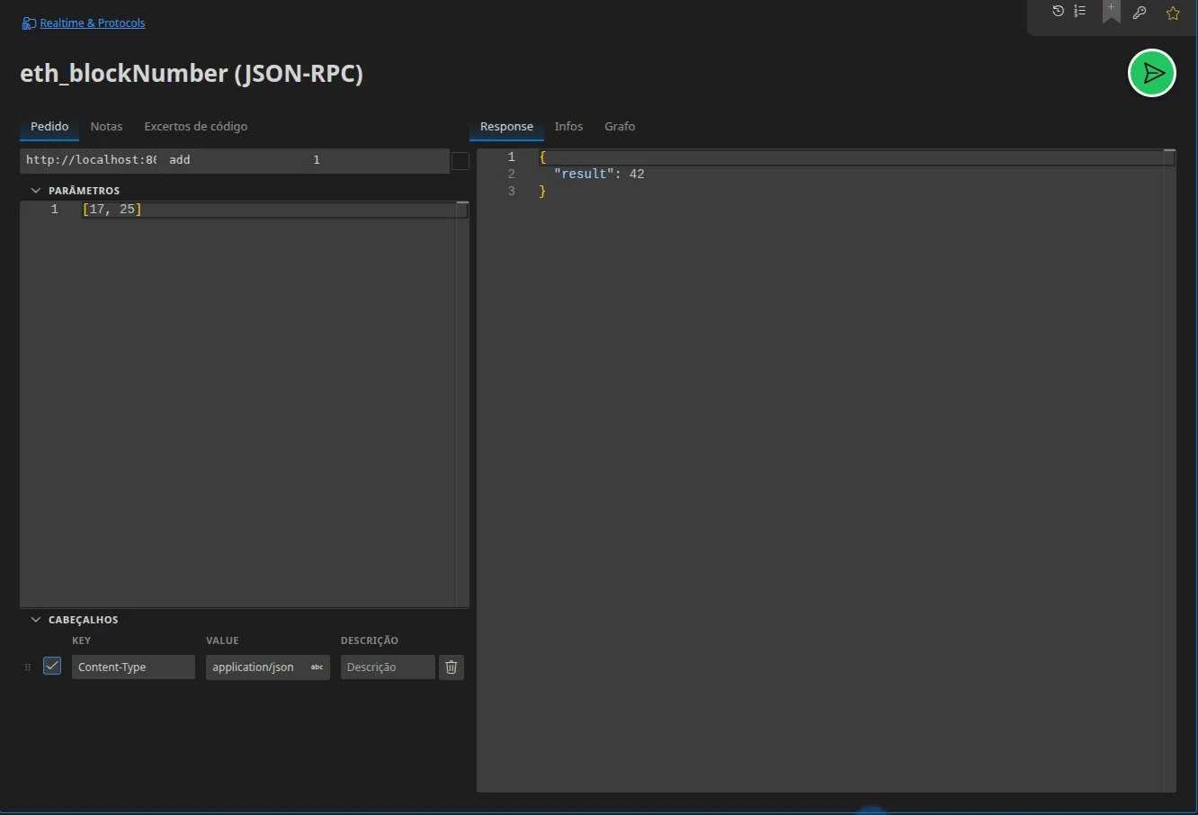 Um separador JSON-RPC: o URL, o método eth_blockNumber, o identificador do pedido, o editor de parâmetros e a resposta desempacotada à direita