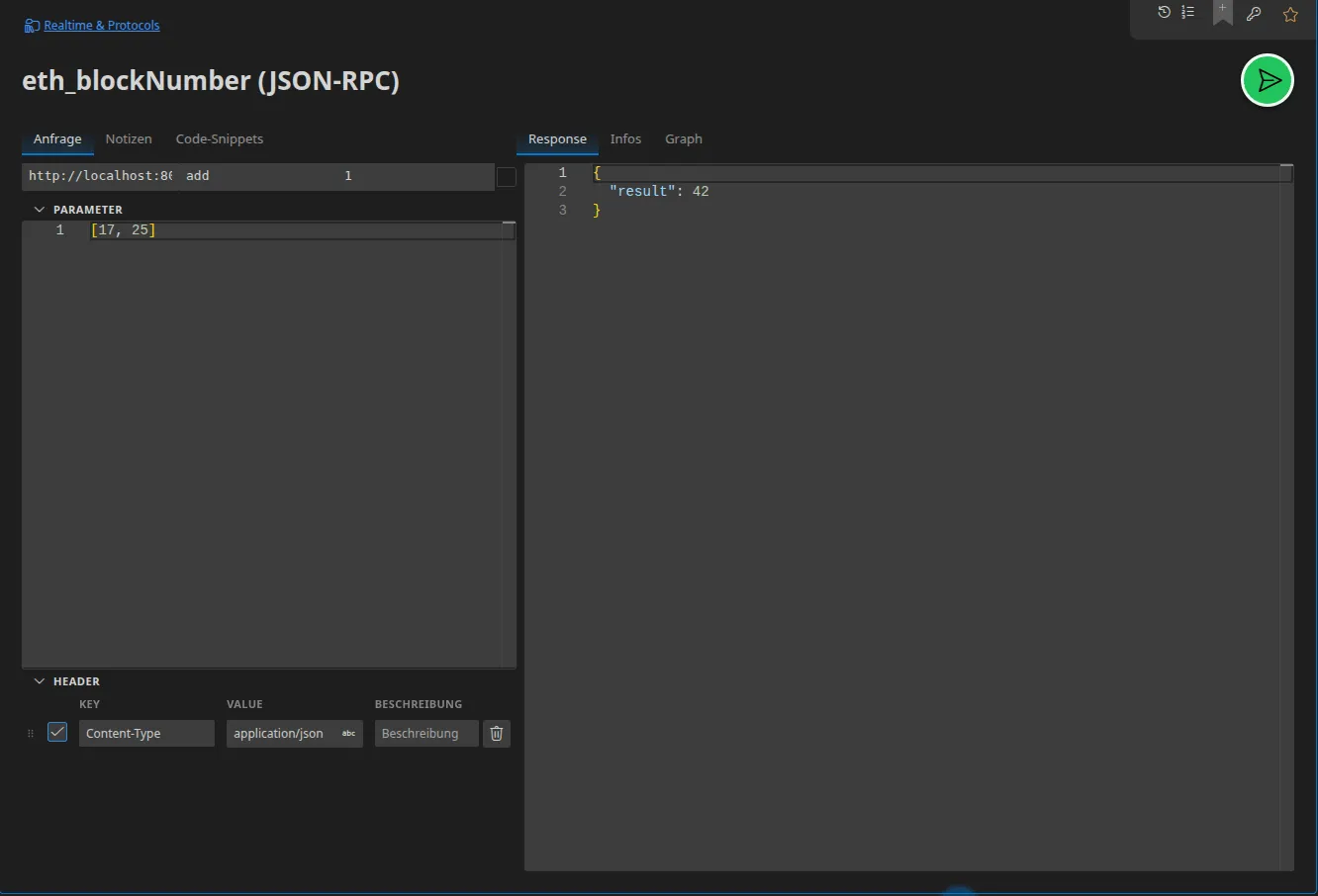 Ein JSON-RPC-Tab: die URL, die Methode eth_blockNumber, der Anfrage-Identifikator, der Parameter-Editor und die ausgepackte Antwort rechts