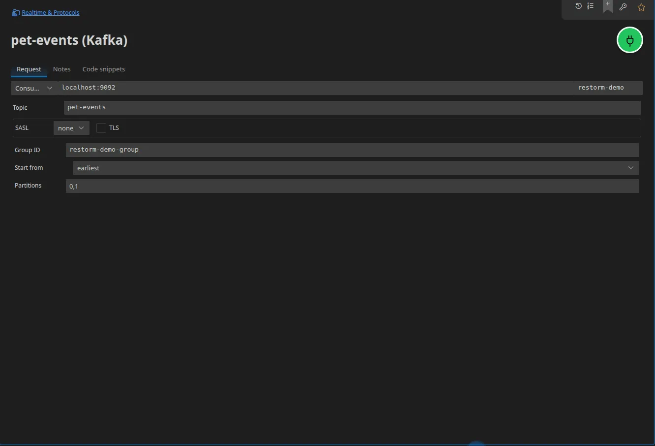 A Kafka tab in Consume mode: the broker list, the topic, the group ID, the "earliest" starting offset and the partition filter