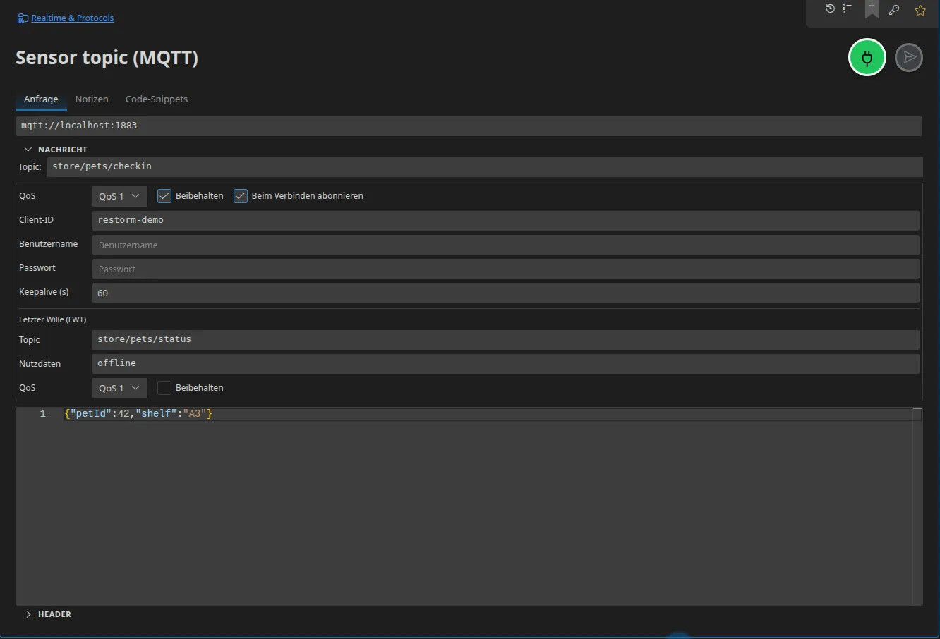 Ein MQTT-Tab: das Sujet, die QoS, die Option „Beibehalten“, das Abonnement bei Verbindung, die Client-ID, der Keepalive, das Testament (LWT) und die veröffentlichte Payload